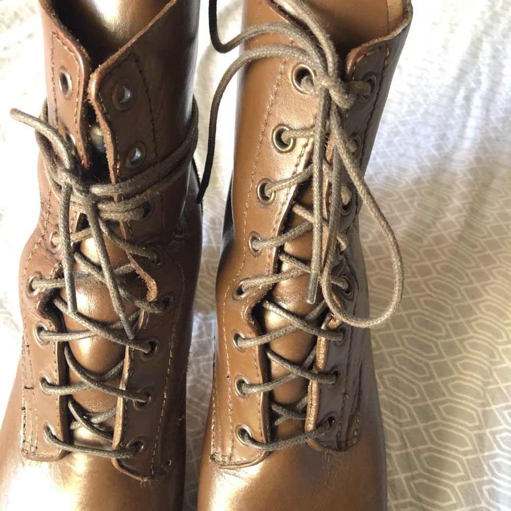 Swedish Hasbeens Brown Leather Lace-Up Platform Clog Boots with Tan Wood Soles - Picture 6 of 16